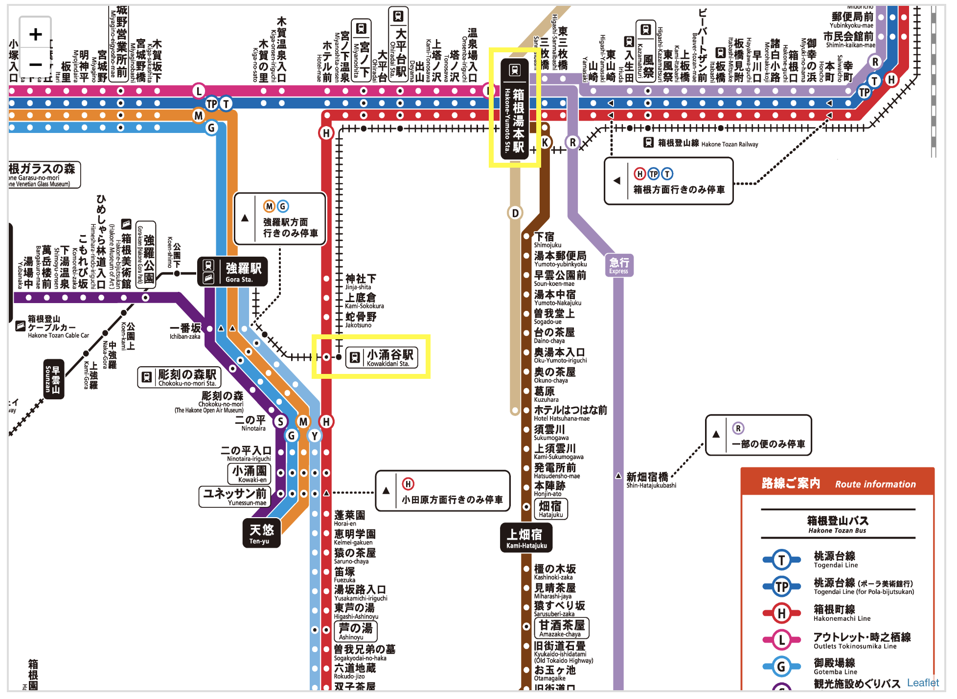 箱根登山バス路線図(箱根湯本駅-小涌園)